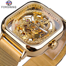 Load image into Gallery viewer, Forsining Men Mechanical Watches Automatic Self-Wind Golden Transparent Fashion Mesh Steel Wristwatch Skeleton Man Male Hot Hour