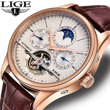Load image into Gallery viewer, LIGE Brand Classic Mens Retro Watches Automatic Mechanical Watch Tourbillon Clock Genuine Leather Waterproof Military Wristwatch
