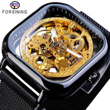 Load image into Gallery viewer, Forsining Men Mechanical Watches Automatic Self-Wind Golden Transparent Fashion Mesh Steel Wristwatch Skeleton Man Male Hot Hour
