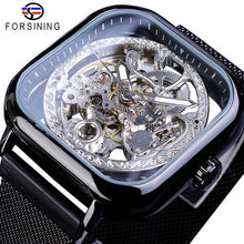 Load image into Gallery viewer, Forsining Men Mechanical Watches Automatic Self-Wind Golden Transparent Fashion Mesh Steel Wristwatch Skeleton Man Male Hot Hour
