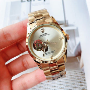 rolex- Fashion Brand Automatic Mechanical Watches Men's Waterproof Skeleton Wrist Watch With women men Leather strap 04105